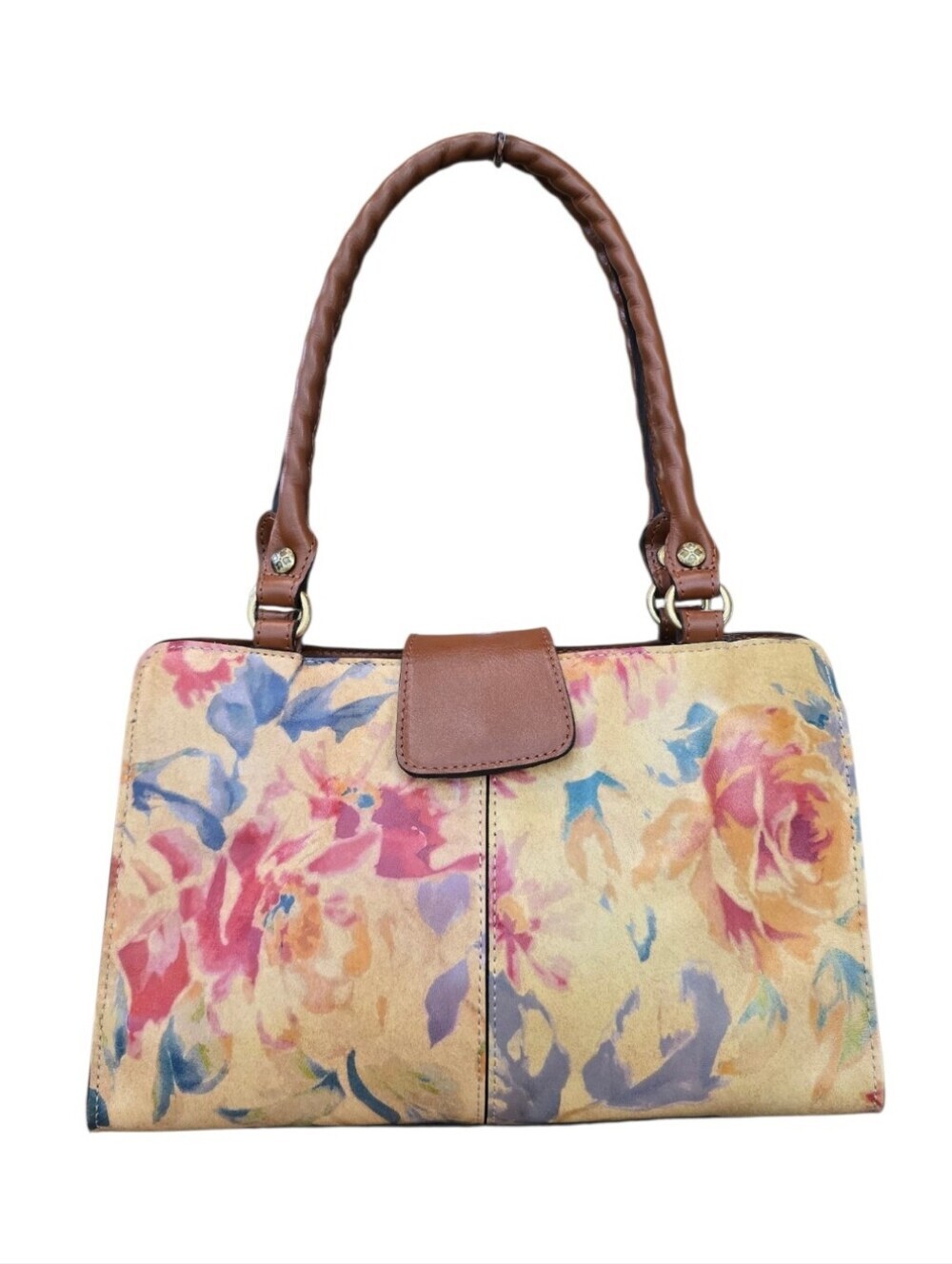 Patricia Nash Rienzo Aegean Bloom Brown Cream Leather Satchel Handbag